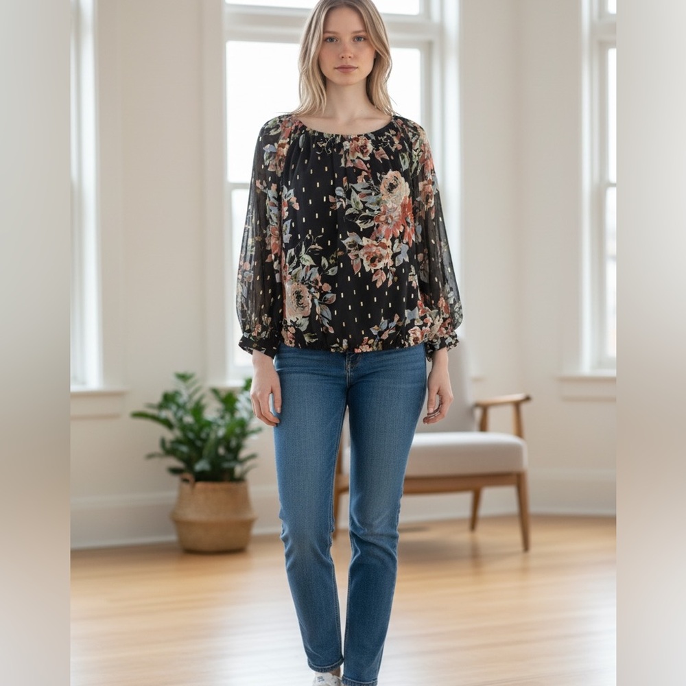 CeCe Black Floral Peasant Blouse
